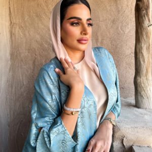 Turquoise Jacquard Silk Bisht Abaya with Inner Dress, Scarf & Zircon Accessories