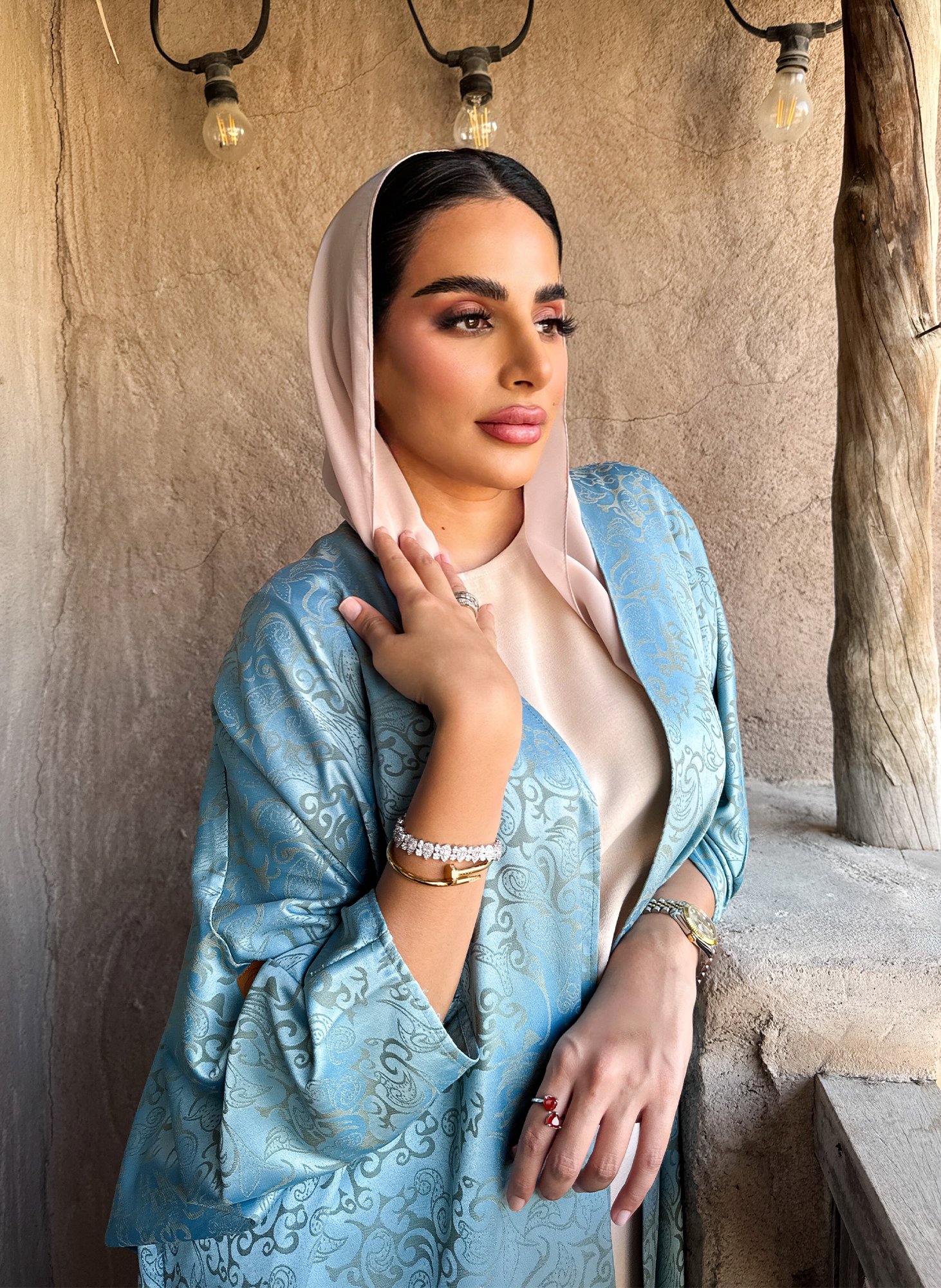 Turquoise Jacquard Silk Bisht Abaya with Inner Dress, Scarf & Zircon Accessories