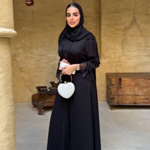 3-Piece A-Line Korean Crepe Abaya with Inner Dress, Chiffon Sheila & Zircon Accessory – Wrinkle Resistant