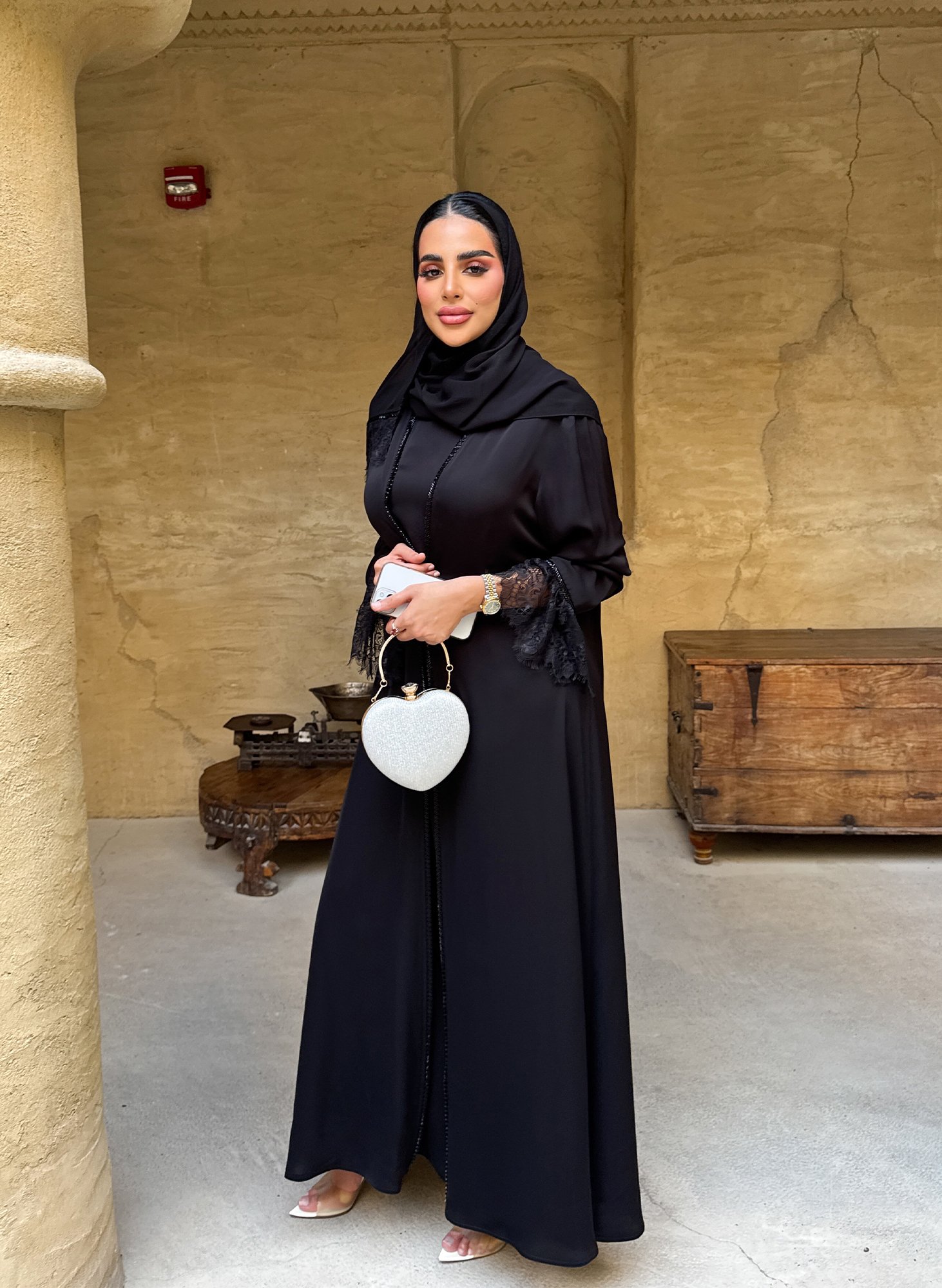 3-Piece A-Line Korean Crepe Abaya with Inner Dress, Chiffon Sheila & Zircon Accessory – Wrinkle Resistant