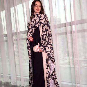 Shah 12 – Luxury Cape-Style Open Abaya 3-Piece Set with Black Jumpsuit, Sheilah & zircon Accessory